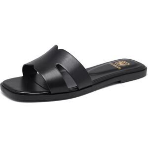 Women's Flat Sandals Comfortable Slide, Square Open Toe Slip On, Black, Size 7